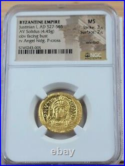 NGC Mint State 3/5, 2/5. Justinian I The Great AV Solidus. AD 527-565