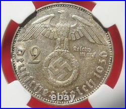 NGC NAZI SWASTIKA 1936-J 2 ReichsMark SILVER COIN AU-53 Germany 3rd-REICH MINT