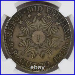 NGC South Peru 1838 8 Reales C MS Cuzco Mint Silver Coin Nice Toned Scarce VF35