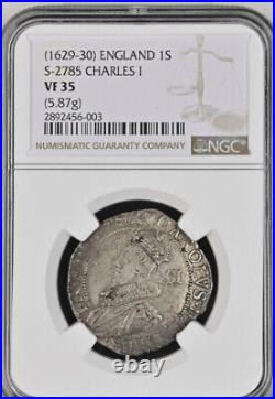 NGC VF35 1629-30 Charles I Shilling, Tower Mint, mm. Heart, Spink 2785