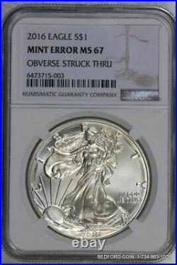 Ngc Ms67 2016 Obverse Struck Thru American Silver Eagle Dollar Mint Error $1