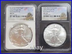 PAIR - 2022 W Burnished $1 Silver Eagle NGC MS70 First Day of Issue Iwo Jima%%