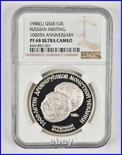 PF68 1988(L) USSR 3 Silver Rubles Russian Minting 1000th Anni NGC 0132