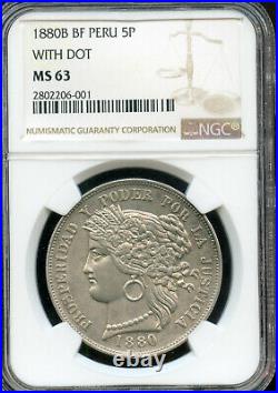 Peru 1880 Silver 5 Pesetas, Lima mint, NGC graded MS63, with dot variety