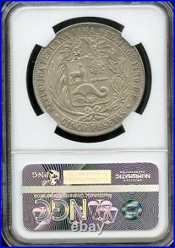 Peru 1880 Silver 5 Pesetas, Lima mint, NGC graded MS63, with dot variety