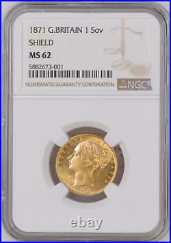 Queen Victoria 1871 Full Sovereign MS62 Young Head Shield, MINT Uncirculated NGC