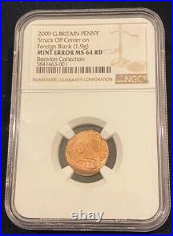 RARE MINT ERROR -NGC GRADED- MS 64 Huge Struck Off Centre Foreign Blank 1p Coin