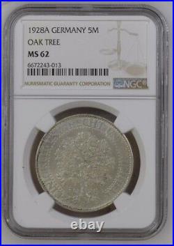 Weimar Republic 5 Reichsmark 1928a Silver Coin NGC MS62 Mint State
